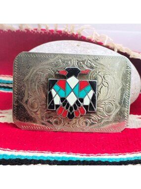 Native American Inlay Thunderbird Belt Buckle Vintage Nickel Silver 2.25" Wide